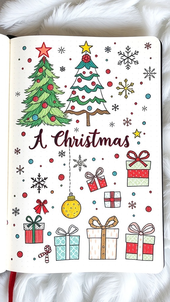 A bullet journal spread with Christmas doodles including a tree, snowflakes, and gifts.